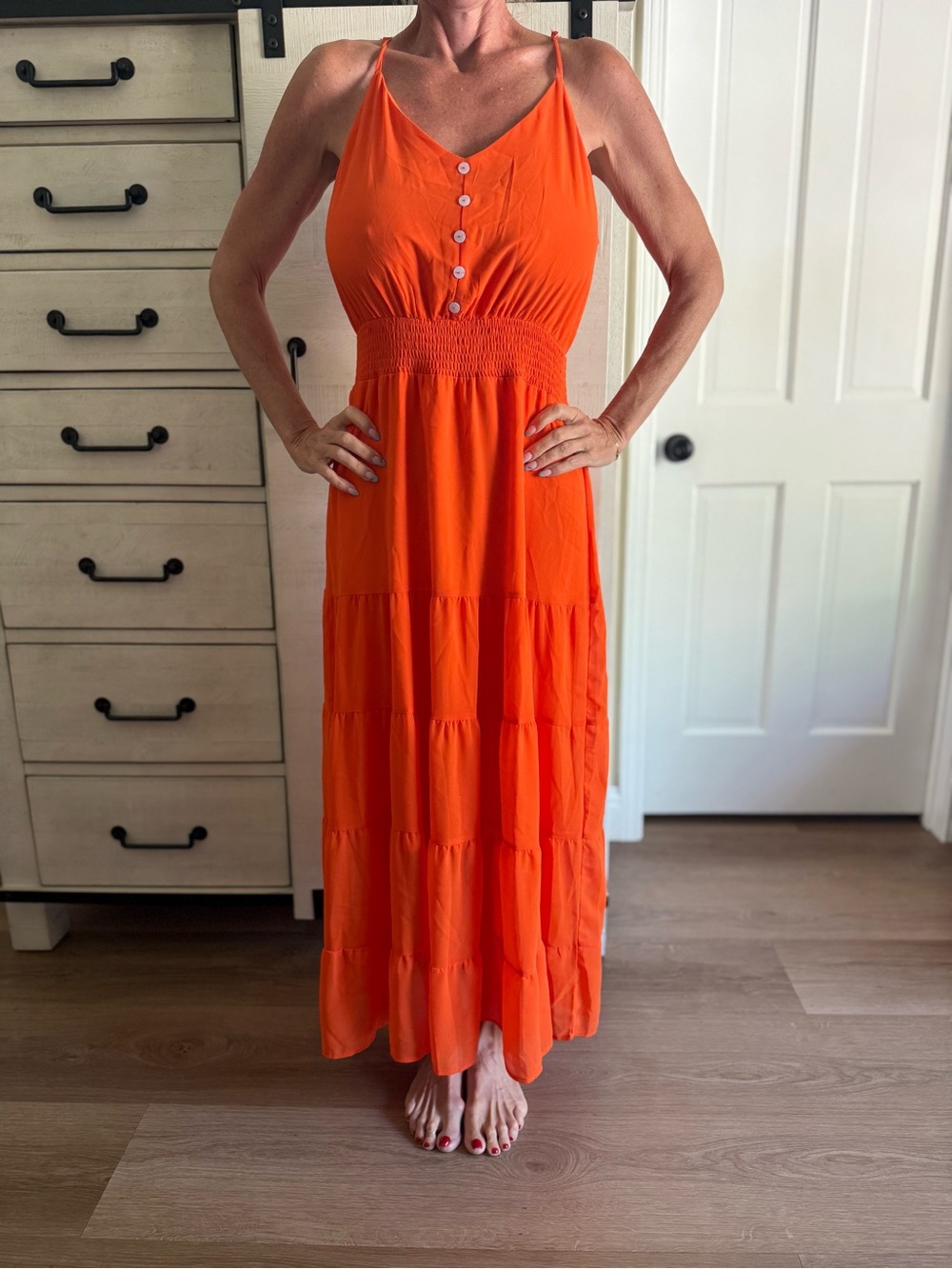 Bright Orange Smocked-Waist Maxi Dress with Button Front